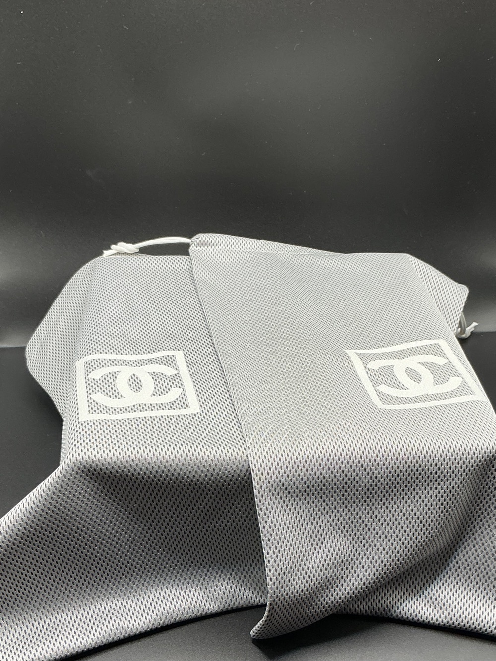 CHANEL White Logo Grey Mesh Drawstring Dust Bags - Pair